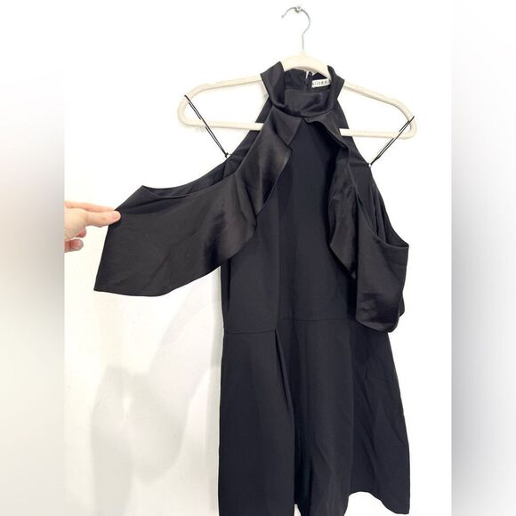 Alice + Olivia Rosaline High Neck Satin Ruffle Cold Shoulder Pleated Romper - Picture 6 of 8